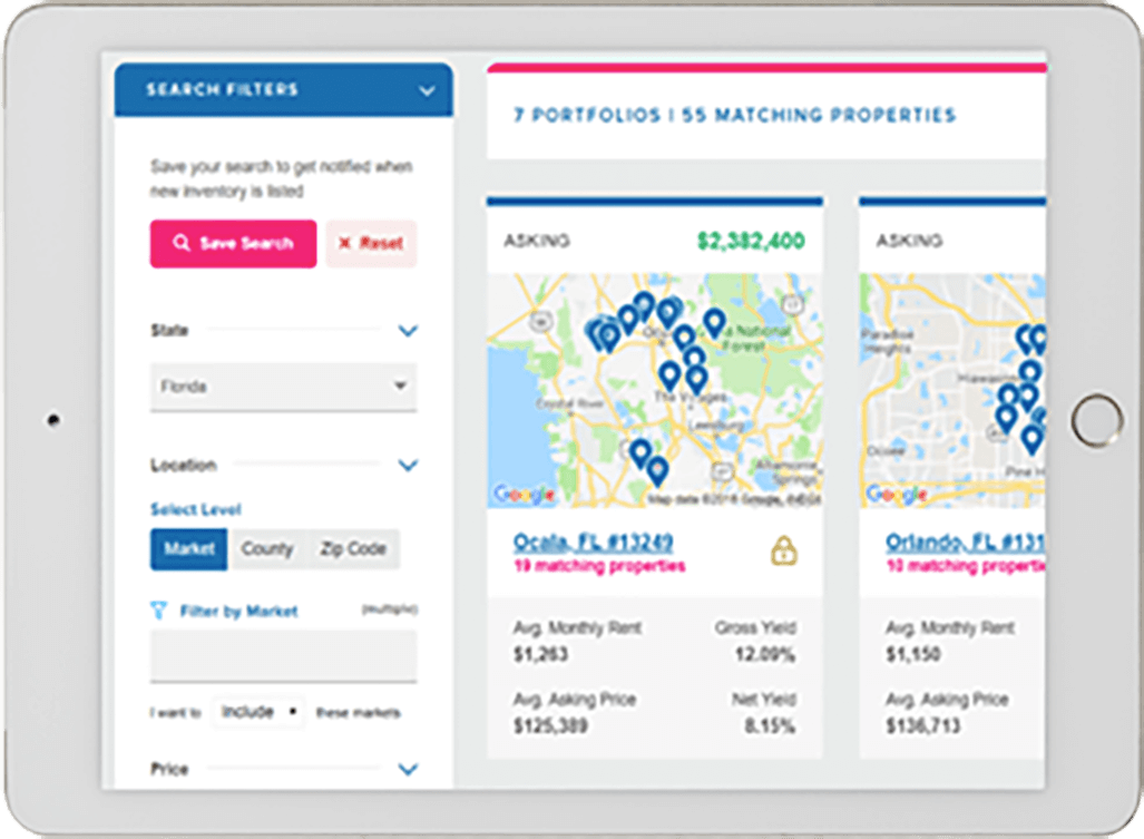 Screenshot of the Investor Marketplace Search features